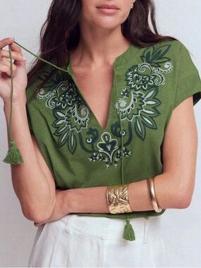 Boden Nina Embroidered Notch Tee in Safari Green
